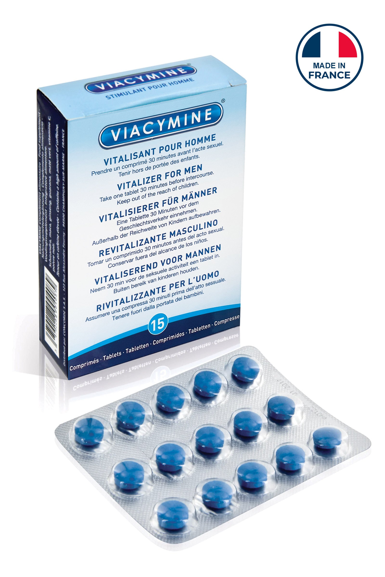 Viacymine 15 comprimés – stimulant homme naturel, boîte packaging