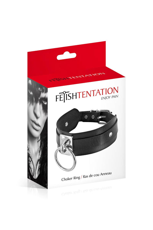 Collier large fétichiste avec anneau – façon cuir noir – accessoire BDSM