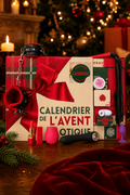 Calendrier de l'Avent érotique version Lesbien : boîte rouge et verte à carreaux avec grand nœud satin, badge « Pour couple lesbien », cases numérotées et accessoires érotiques disposés autour