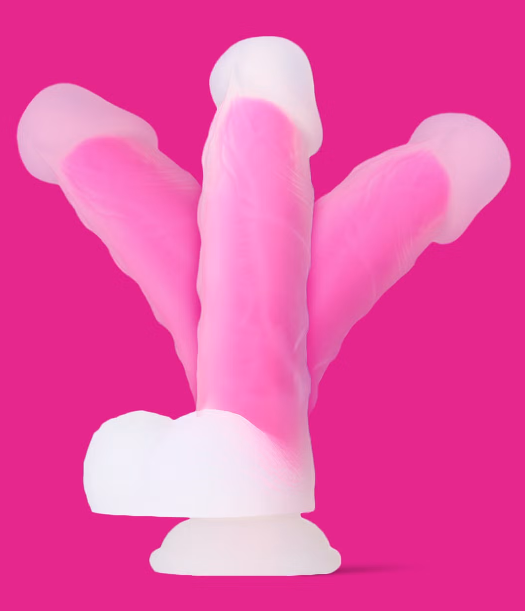 Dildo fantaisie rose montré en mouvement avec base à ventouse