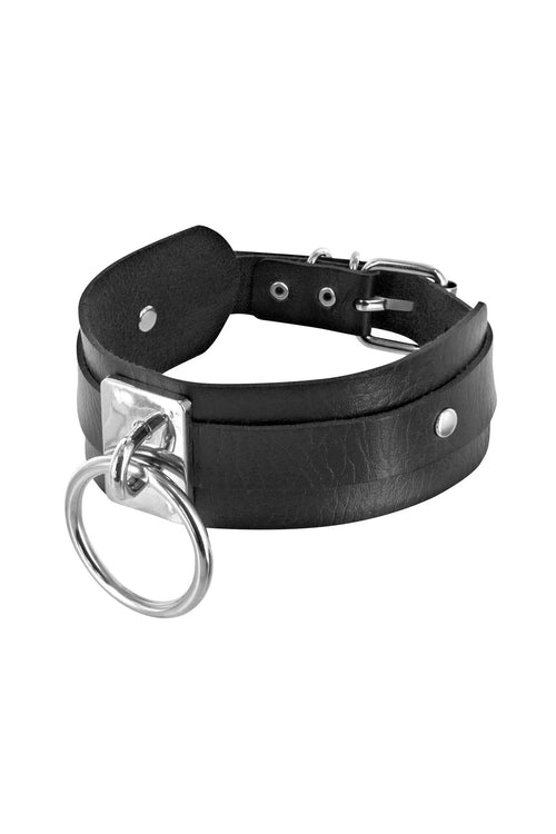 Collier fétichiste noir anneau métallique – détail – Lady Mary Erotic Shop