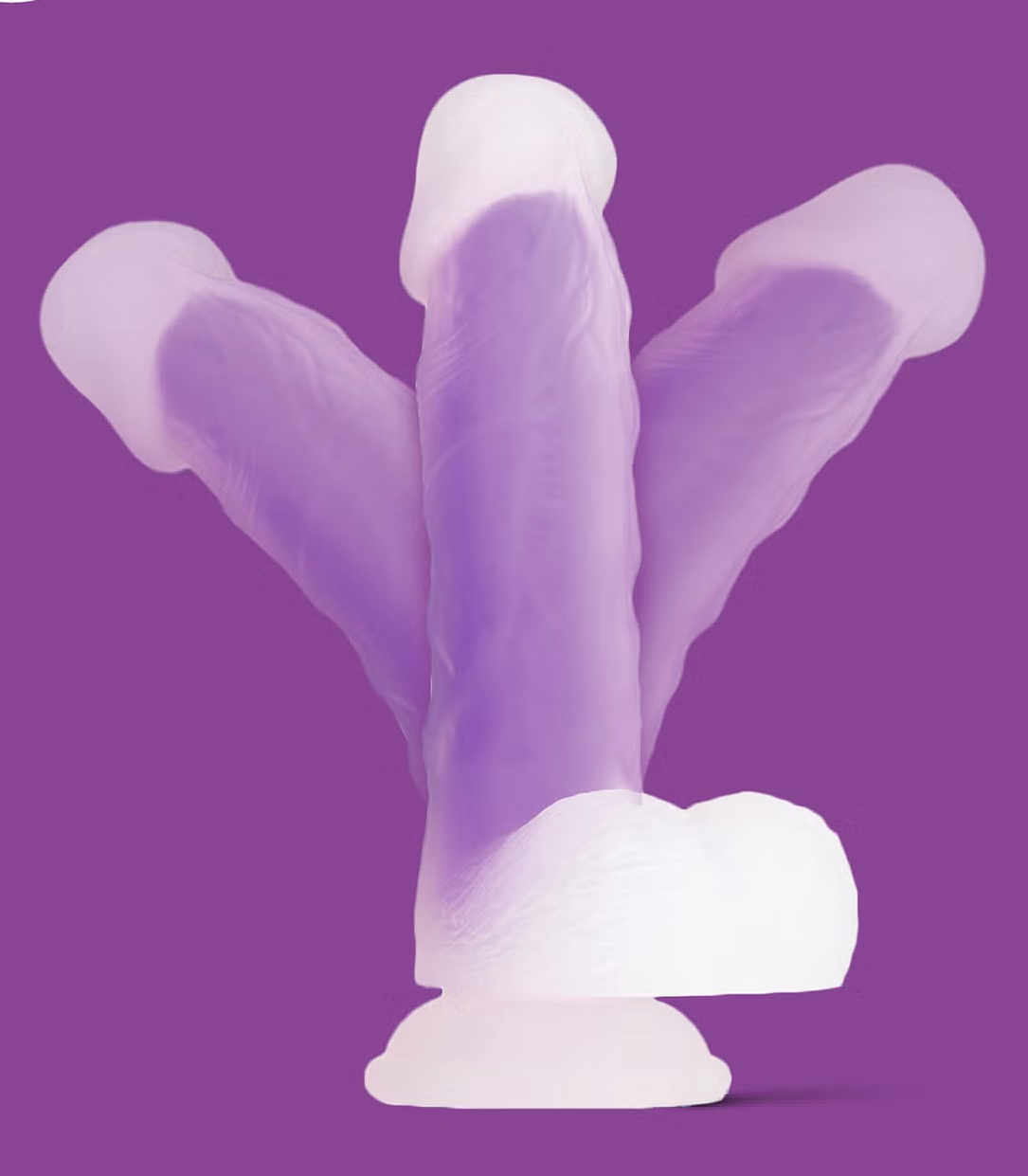 Dildo fantaisie violet montré en mouvement avec base à ventouse