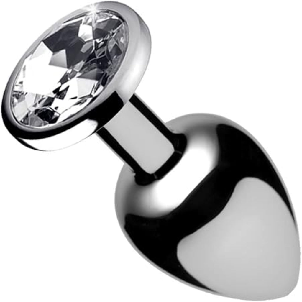 Plug anal en acier inoxydable orné d'une pierre transparente scintillante, fond blanc