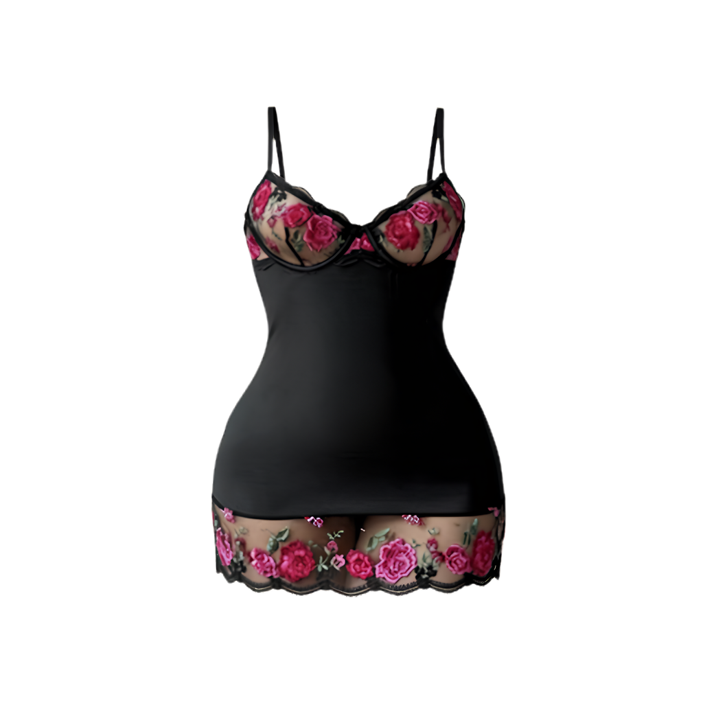 Nuisette noire brodée de roses – Letitia | Les Secrets de Léa