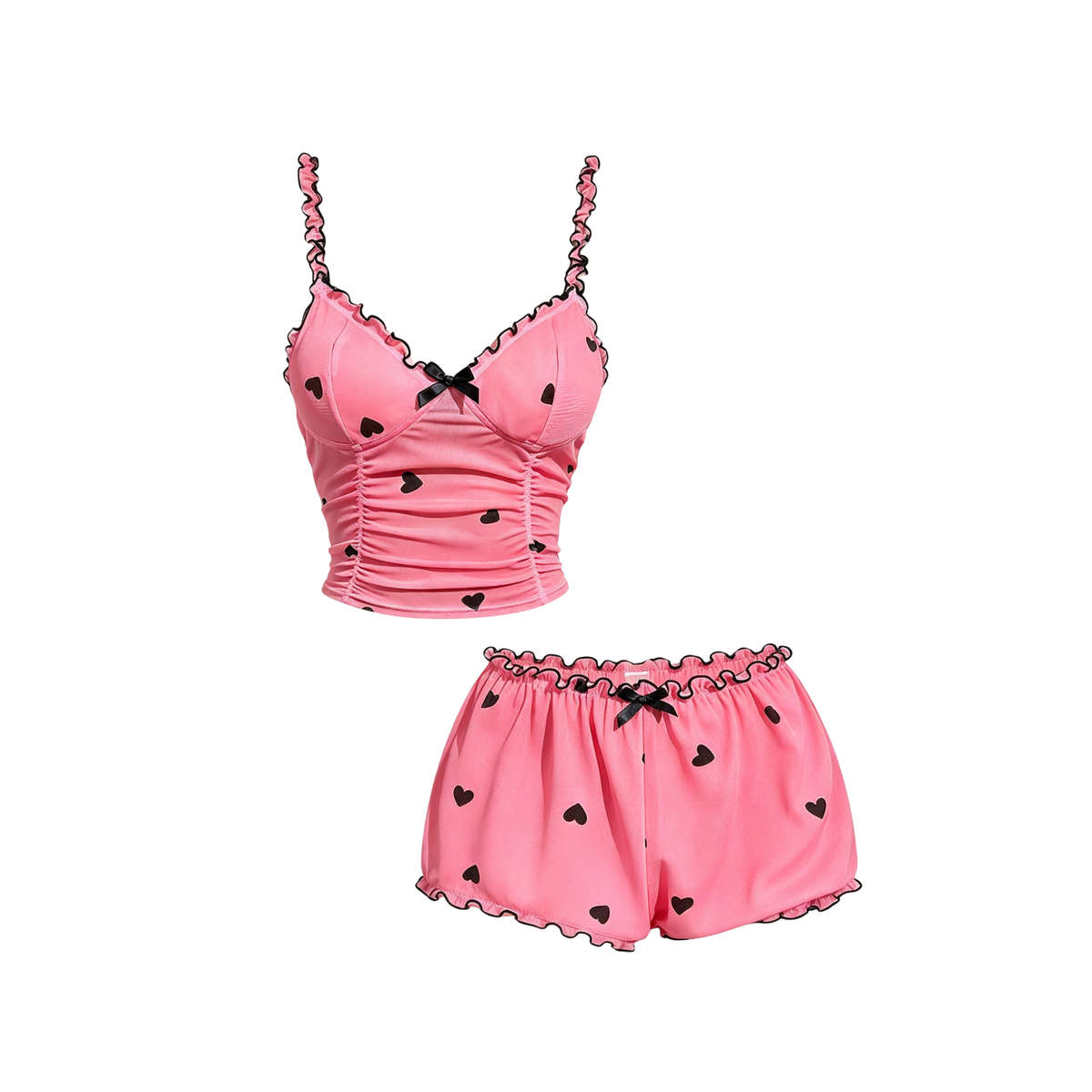 Pyjama débardeur et short rose à cœurs noirs – Kim