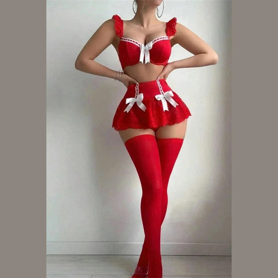 Ensemble rouge à basque, nœuds et bas rouges – Jeanne – Les Secrets de Léa – vue 7