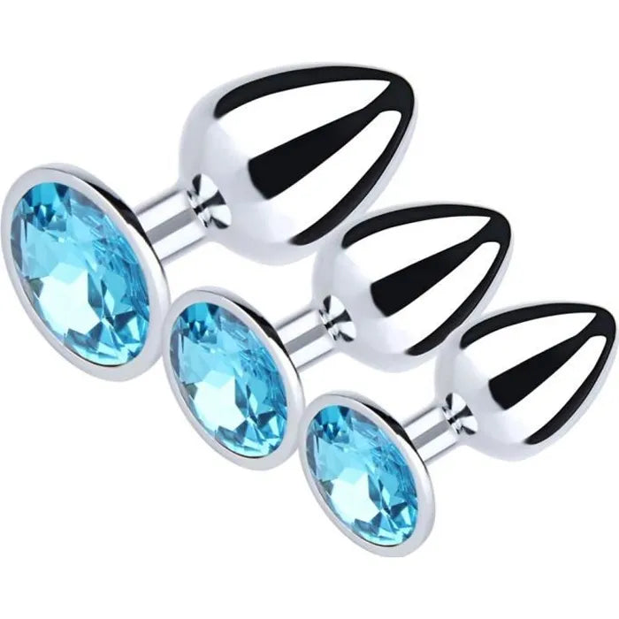 Plug anal orné d'une pierre bleu – set 3 tailles en acier