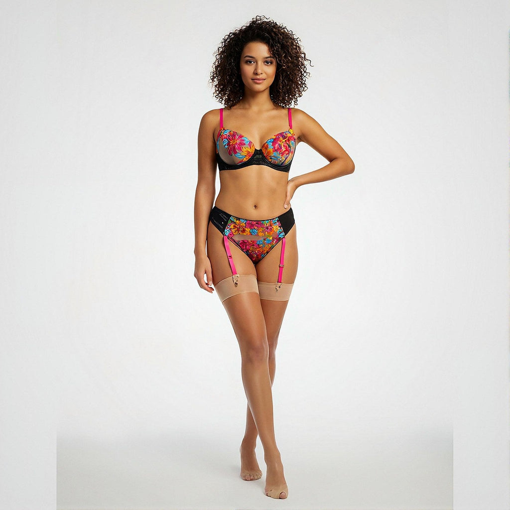 Ensemble 4 pièces brodé fleurs, noir et rose – Georgina – Les Secrets de Léa, vue 2