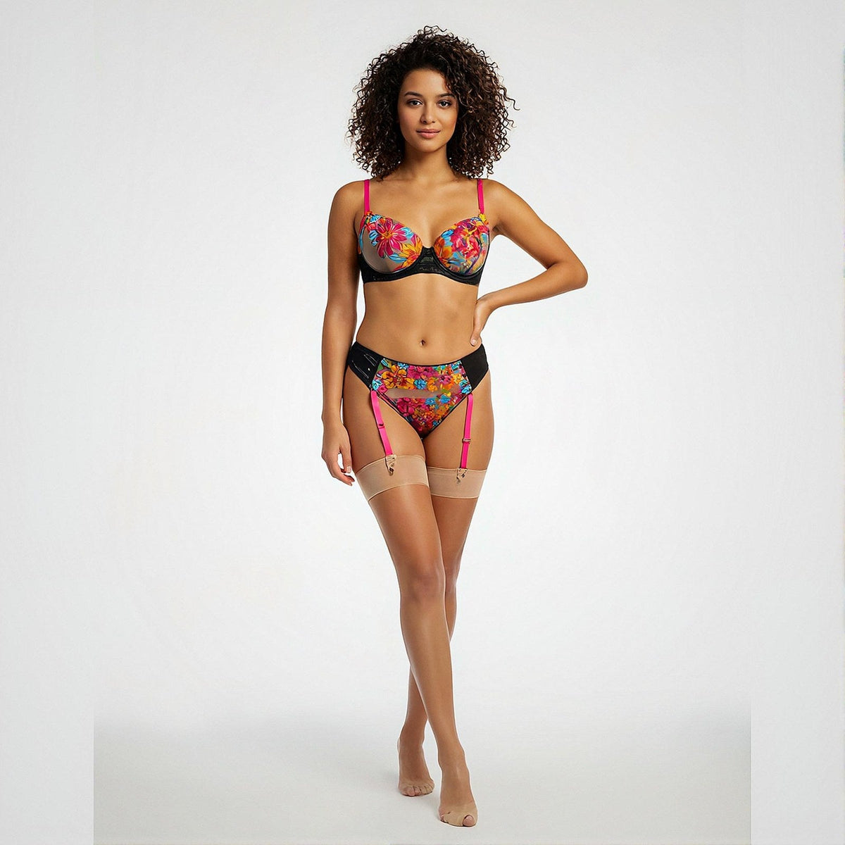 Ensemble 4 pièces brodé fleurs, noir et rose – Georgina – Les Secrets de Léa, vue 2