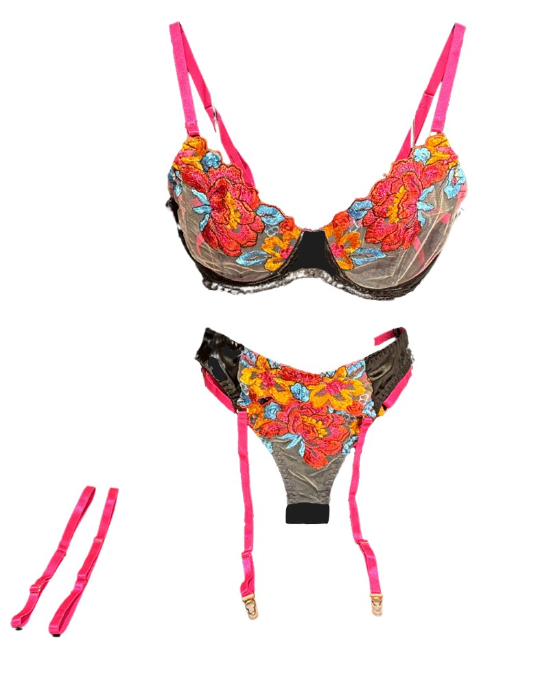 Ensemble 4 pièces brodé fleurs, noir et rose – Georgina – Les Secrets de Léa, vue 3