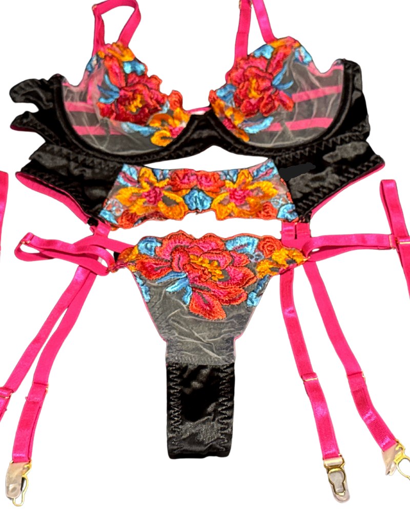 Ensemble 4 pièces brodé fleurs, noir et rose – Georgina – Les Secrets de Léa, vue 4