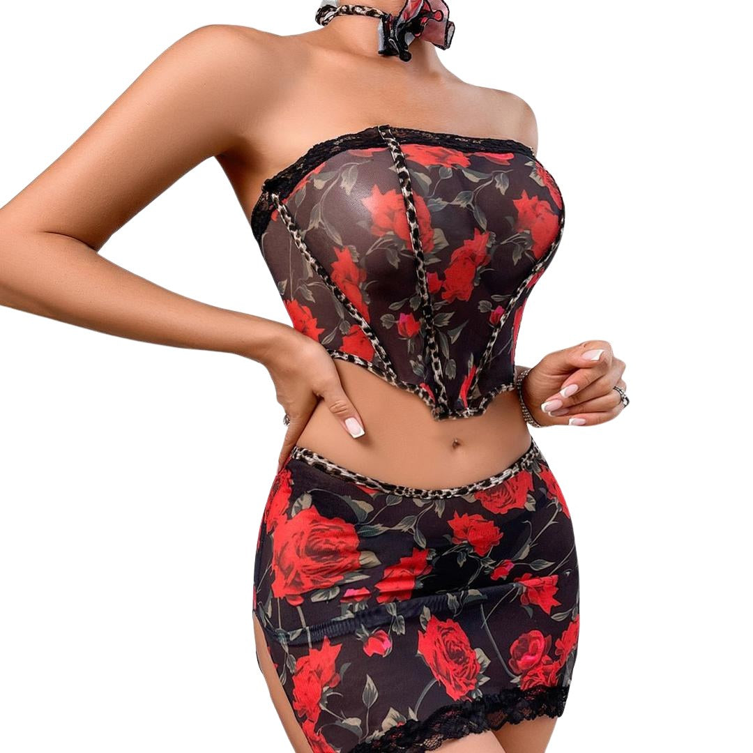 Ensemble bustier et jupe imprimé roses rouges – Beatriz – Les Secrets de Léa, vue 4
