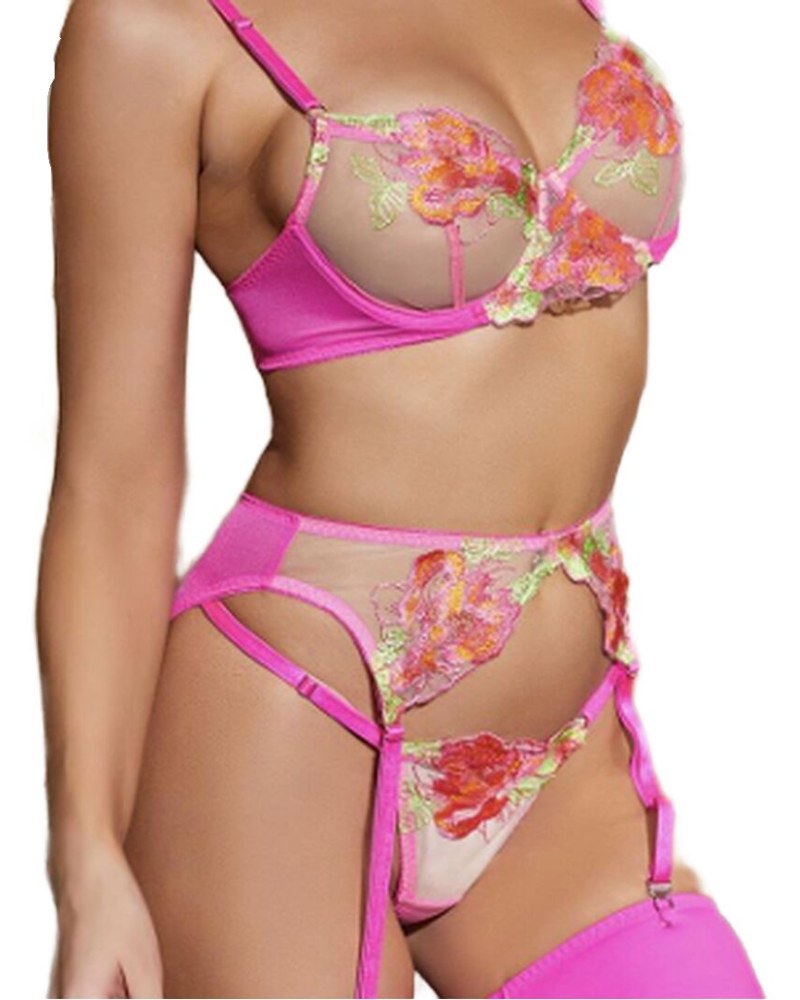 Ensemble rose fuchsia brodé fleurs et jarretelles – Tanja – Les Secrets de Léa