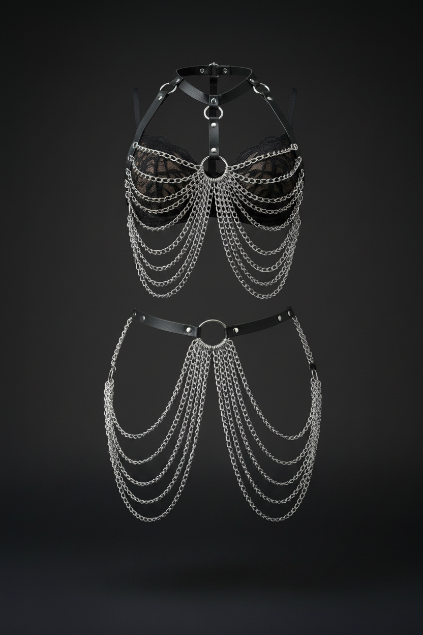 Harnais punk à chaînes complet — chaînes de poitrine et de taille — Lady Mary Erotic Shop