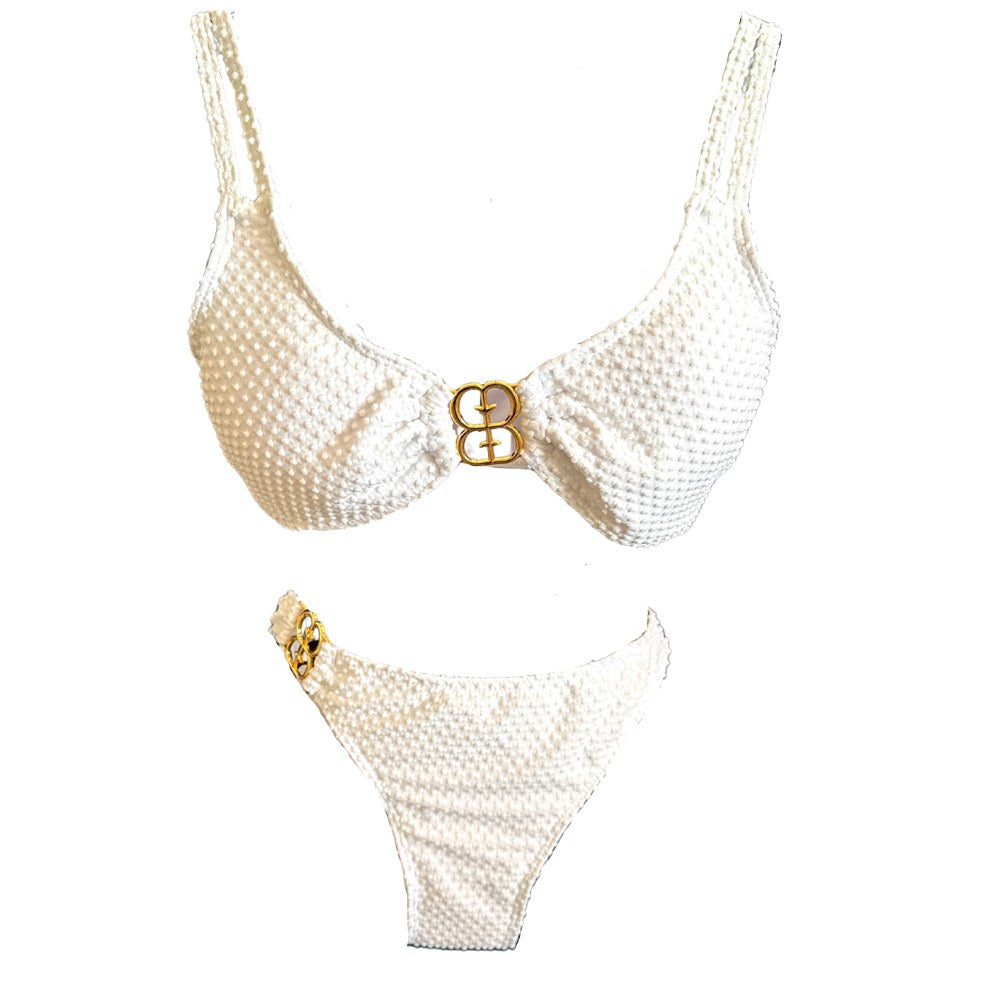 Maillot de bain bikini blanc texturé à boucles dorées – Téa – Les Secrets de Léa