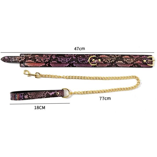 Collier BDSM reptile rose et or avec dimensions : tour de cou 28-44 cm, laisse 78 cm, largeur 4 cm | Lady Mary