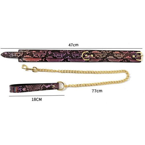 Collier BDSM reptile rose et or avec dimensions : tour de cou 28-44 cm, laisse 78 cm, largeur 4 cm | Lady Mary