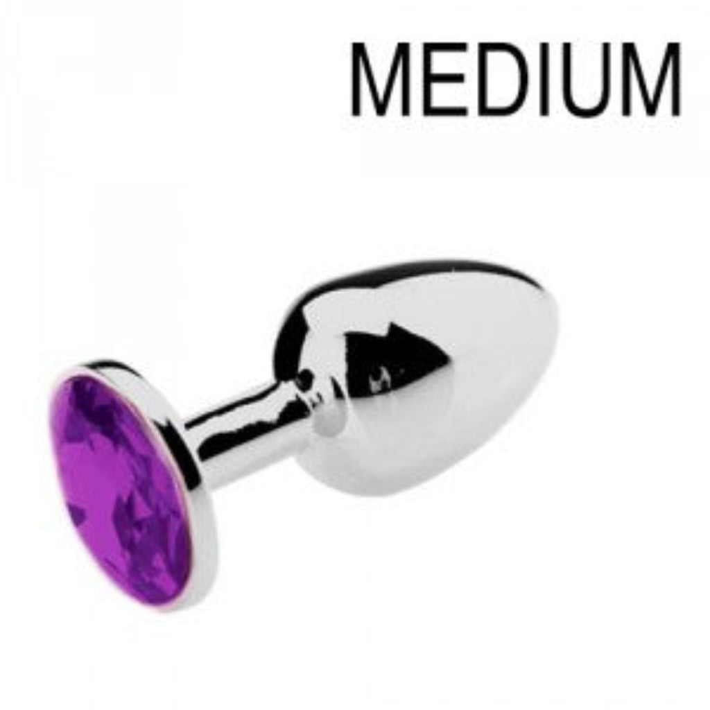 Plug anal bijou avec pierre violette, profil élégant, finition argentée polie

