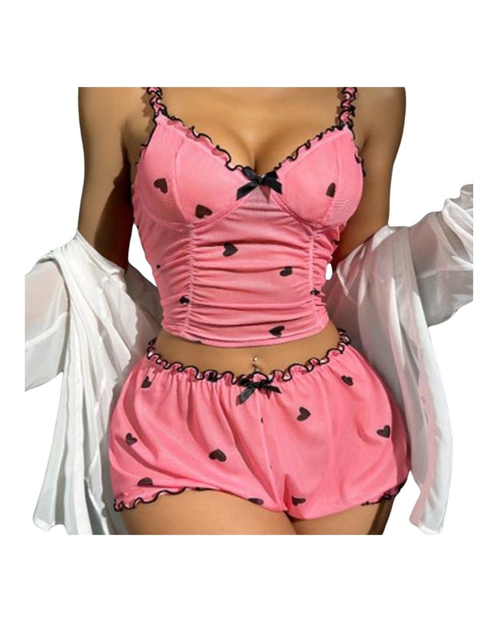 Pyjama débardeur et short rose à cœurs noirs – Kim – Les Secrets de Léa