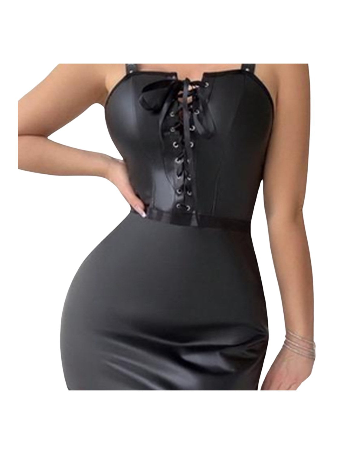Robe moulante simili cuir lacée, string et collier – Riley – Les Secrets de Léa