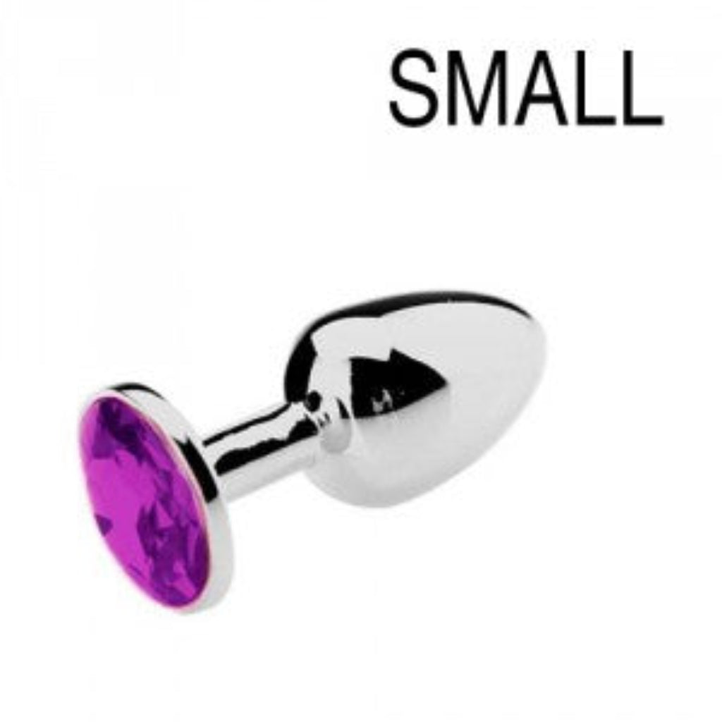 Plug anal bijou avec pierre violette, profil élégant, finition argentée polie